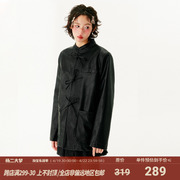 杨二大梦原创黑色新中式蝴蝶结绑带皮衣女2022年女冬加绒外套