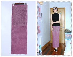 外贸原单 大牌样衣粉紫色亮丝镂空包臀修身半身针织长裙