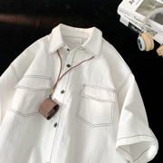 工装短袖衬衫男士夏季白色，宽松休闲半袖衬衣，痞帅百搭日系复古外套