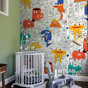 涂鸦创意儿童房墙布，北欧风餐厅背景墙壁纸影视，墙纸无纺布定制壁画