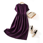 休闲简约文艺亚麻纯色，连衣裙立领短袖，中长款紫色圆领长裙圆领小衫