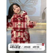 咸蛋小虾米冬装韩国女童红色格子夹棉大衣儿童中大童长款棉服