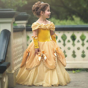 贝儿尔公主裙蓬蓬纱花童长婚纱女童，一字肩连衣裙儿童晚礼服高贵黄
