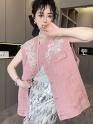 RR fashion 牛仔马甲女2024夏季国风中长款重工刺绣无袖外套