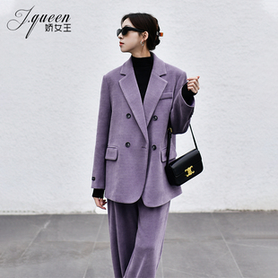 灯芯绒西装套装女秋季复古休闲阔腿裤子高级感紫色西服外套两件套
