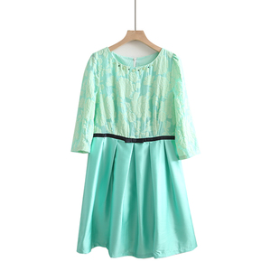 春夏装撤柜女装，浅绿色公主风提花，料拼接五分袖连衣裙