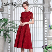 名兰世家原创设计春高端大牌，蕾丝连衣裙时尚显瘦气质红色长裙