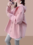 欧货胖mm大码女装粉色连帽衬衫2024春装，设计感中长款衬衣外套