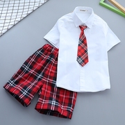男童女童格子套装幼儿园园服中裤中小学生夏季班服毕业照衬衫