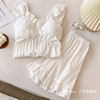 日系甜美纯棉睡衣女夏季带胸垫，吊带短裤两件套装白色仙女风家居服