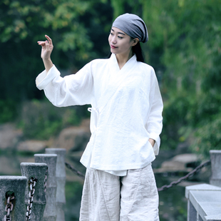 古石后原创衬衫汉服，白色传统右衽中式春秋外套，日常亚麻禅修茶服女