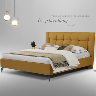 瓦布黄色真皮软床 好看的品牌软床 小户型卧室家具