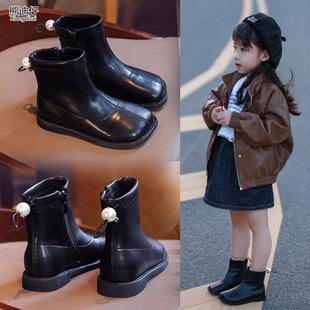 女童马丁靴2023秋冬儿童加绒靴子小女孩方头公主短靴时尚单靴