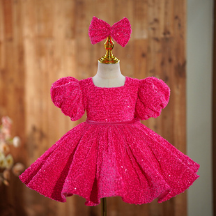 女童礼服公主裙粉色，蓬蓬裙生日主持人走秀钢琴，演出服洋气花童短裙