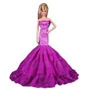 紫红色婚纱裙 全包娃娃及地鱼尾裙 洋娃娃换装蕾丝裙适合30cm巴比