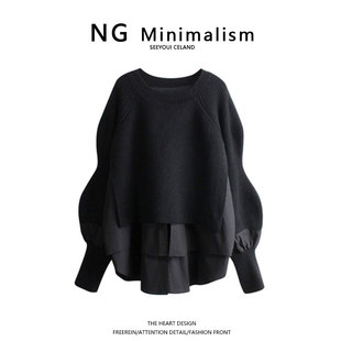 NG Minimalism2022年拼接假两件针织衫女圆领宽松套头长袖毛衣女