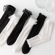 女童白色长筒袜夏季薄款纯棉网眼小腿袜蕾丝花边袜学院风黑色长袜