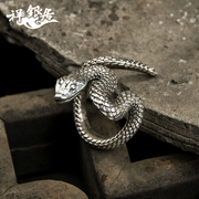 S999足银 手工银饰 生肖蛇戒指 个性复古尾戒 情侣对戒 纯银指环