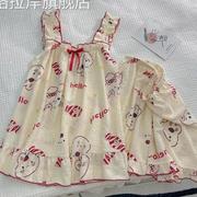 黑色吊带短裤睡衣女夏季纯棉泡泡棉韩版可爱甜美蝴蝶结家居服套装