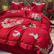 百子图结婚床笠四件套红色，高档婚庆女方陪嫁新婚，喜被六件床上用品
