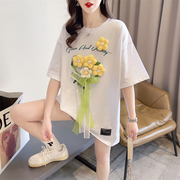 设计感小众短袖t恤女夏季韩版宽松大码中长款立体花朵百搭上衣服