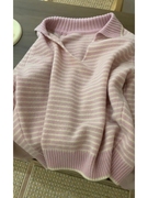 韩系甜美气质翻领粉色条纹针织上衣女秋冬季时尚百搭减龄内搭毛衣