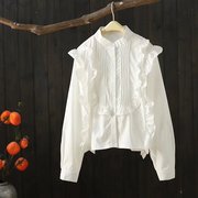 系带荷叶边百褶立领白色长袖，衬衫女2022春秋设计感小众衬衣潮