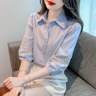 七分袖纯棉衬衫，女2024春夏洋气镂空灯笼，袖衬衣小个子气质上衣