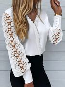 Women's V-neck lace patchwork shirt纯色长袖V领蕾丝拼接衬衣女