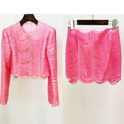 2024法式轻奢尚粉色流苏，短款小外套，半身裙名媛气质套装女