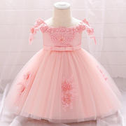 2024欧美女童周岁礼服裙珍珠贴花，公主裙一字，肩婴儿婚纱公主礼服