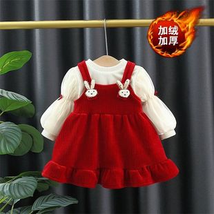 2023冬季最1岁女童红色新年公主连衣裙加厚冬季3儿童婴儿裙子