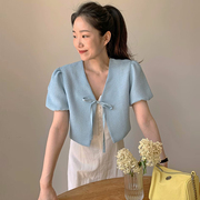 韩国chic夏季法式气质v领系带蝴蝶结宽松泡泡，袖短款粗花呢外套女
