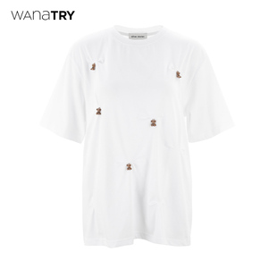 wanatry100%棉早春圆领短款白色设计感超可爱小熊，减龄t恤