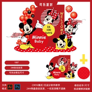 红色米妮米奇老鼠迪士尼派对设计素材宝宝宴生日周岁百天迎宾背景