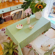 桌布轻奢高级感民宿氛围感餐桌布田园风绿色格子棉麻布料长方形布