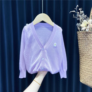 女童防晒开衫小童韩版洋气夏季薄款紫色长袖针织衫2岁3空调房上衣