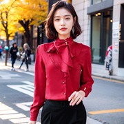 韩版立领商务女装修身雪纺衫宫廷休闲荷叶边打底衫纯色长袖衬衫女