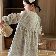 童裙2023秋季韩国童装，韩版甜美可爱蕾丝，泡泡袖碎花女童连衣裙