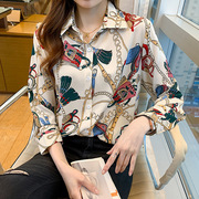 印花雪纺衬衫女设计感春秋韩版日系甜美宽松气质，长袖翻领上衣