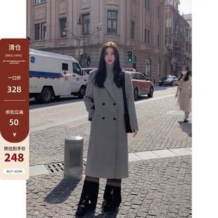 黑色长款毛呢外套女2024冬季韩版高级感气质宽松休闲显瘦呢子大衣