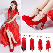 中式婚鞋女2023红色高跟鞋，结婚鞋子新娘鞋粗跟2020年敬酒红鞋