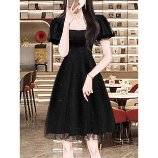 高端质感黑色亮片连衣裙夏季2024女装高级感气质小个子礼服裙