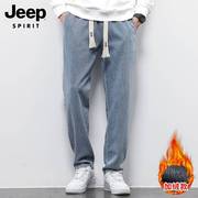 Jeep吉普牛仔裤男士冬季加绒加厚宽松大码直筒垂感痞帅裤子男