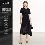 amii法式连衣裙女夏季2024缎面黑色裙子，修身显瘦小黑裙鱼尾裙