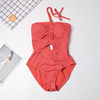 外单性感女连体泳装 时尚橙红色镂空吊带碎花款 无袖成人泳衣