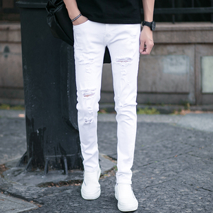 白色牛仔裤男夏季薄款弹力修身小脚裤男士，韩版潮流纯白破洞长裤子