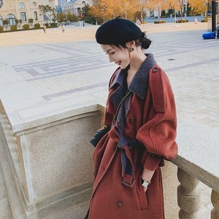 毛呢外套女中长款2023年冬季赫本风韩版宽松加厚红色，呢子大衣