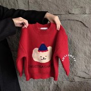 韩国女童秋季圆领套装红色软糯卡通针织毛衣外套儿童洋气毛线衣