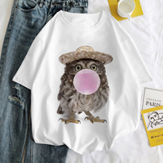 女t恤短袖卡通猫头鹰吹泡泡动物，t恤设计感圆领，白色打底体恤衫
